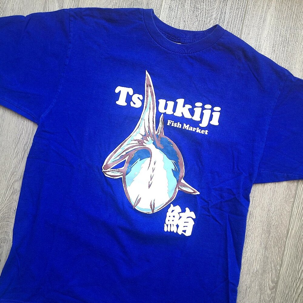 blue Tsukiji fish market t-shirt with fish logo front and back, size XL
